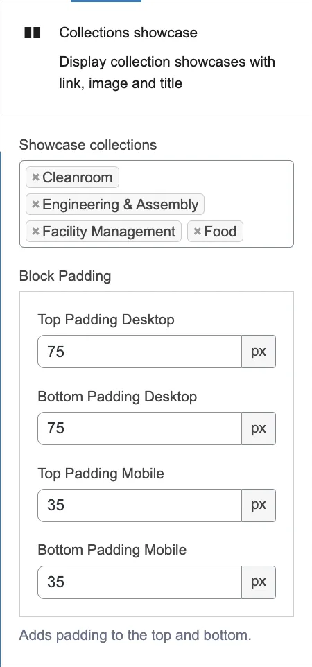 collections showcase fields