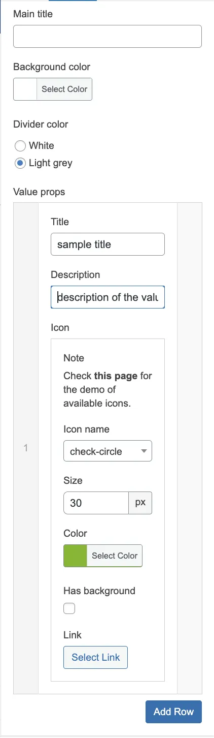 row value props fields