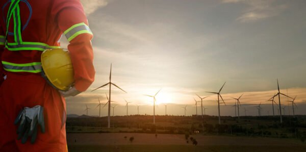 person wearing hi vis safety workwear looking out over field scattered with wind turbines.